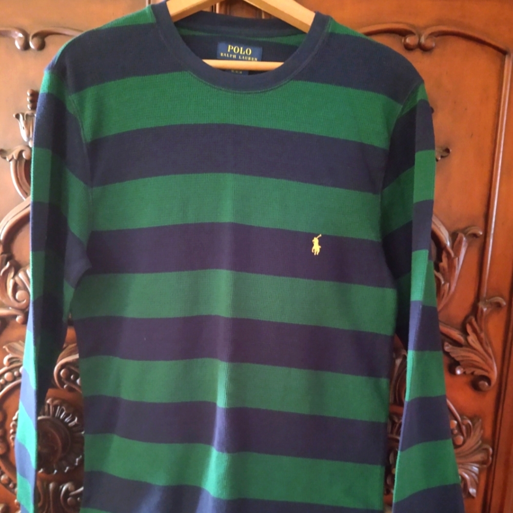 Ralph Lauren POLO 🐎 Green & Navy Stripe Long-Sleeve Shirt~ Size: MED
